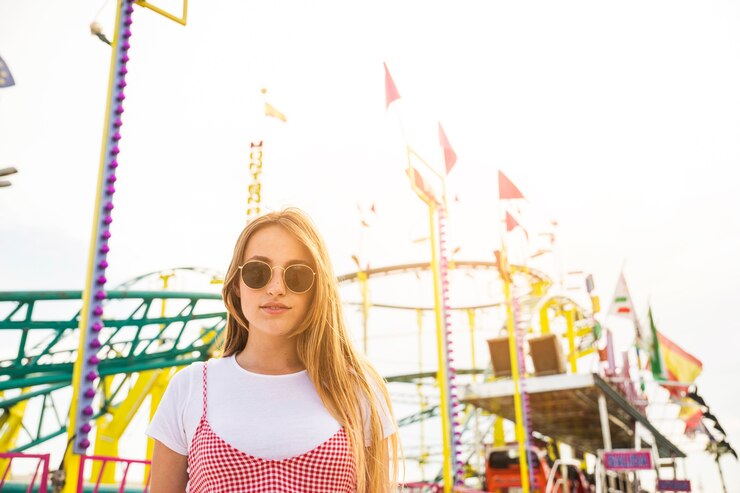 Ücretsiz Fotoğraf beautiful young woman standing in front of roller coaster