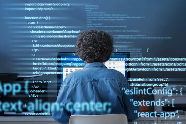 Bilgisayarda kodlarla çalışan bir kişinin olduğu programlama arka planı