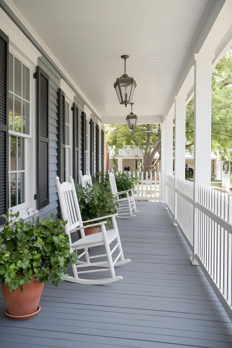 Charming front porch with rocking chairs and plants