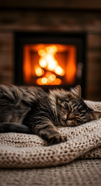 Cozy cat napping by the fireplace