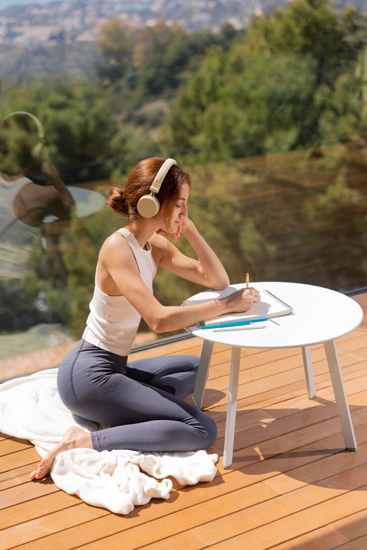 Ücretsiz Fotoğraf evde müzik dinleyen ve resim çizen kadın