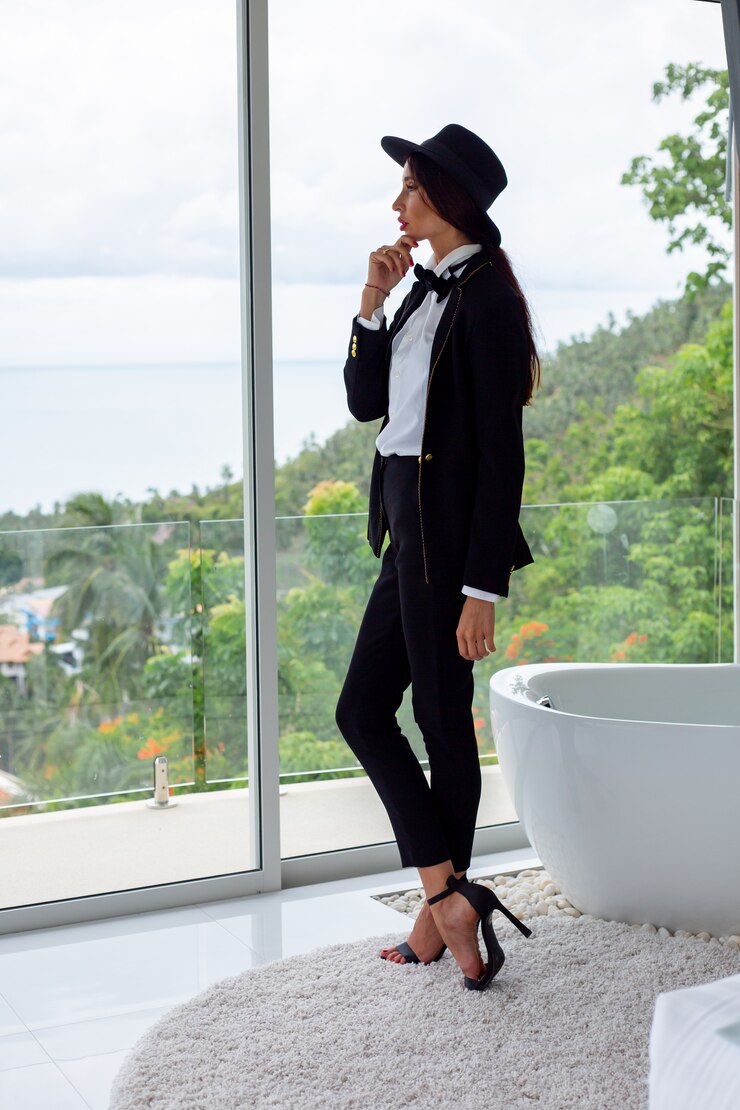 Ücretsiz Fotoğraf fashion portrait of woman in black suit, butterfly tie and hat at luxury villa