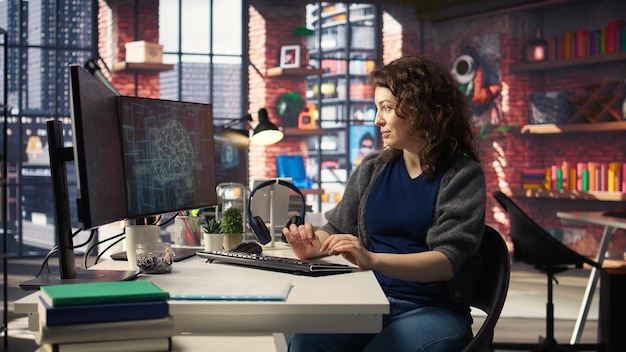 Female system admin doing maintenance on AI brain pc systems