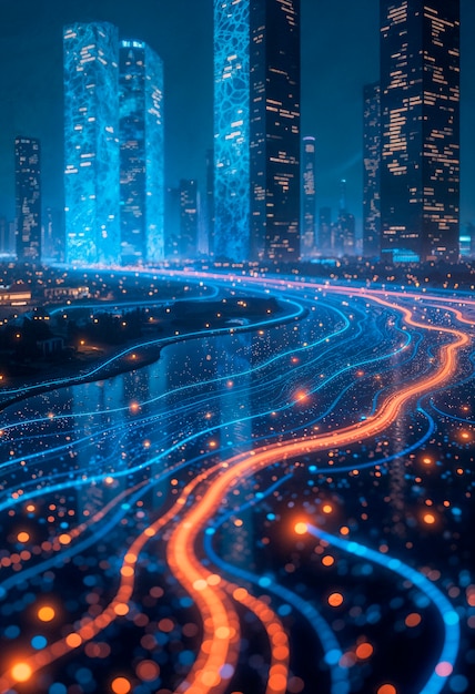 futuristic cityscape with glowing lines