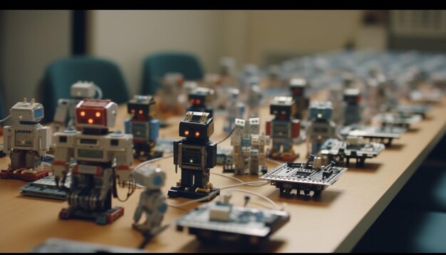 Futuristic robotic arm controls machinery in factory generated by AI