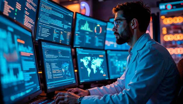 man working in it security and data monitoring center