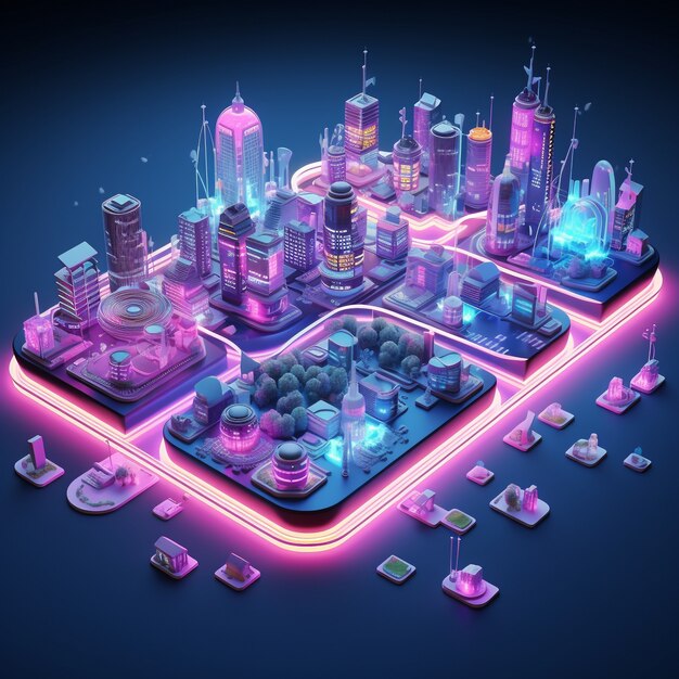Neon şehrin 3D render isometrik görünümü