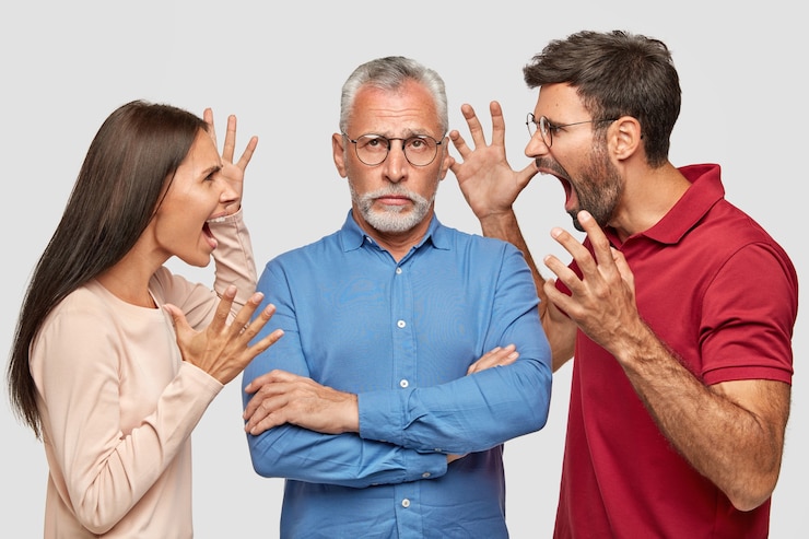 Ücretsiz Fotoğraf people, generation and relationships concept. angry female and male gesture and shout with madness at their senior father pensioner, sort out relations, live together in one flat, being annoyed