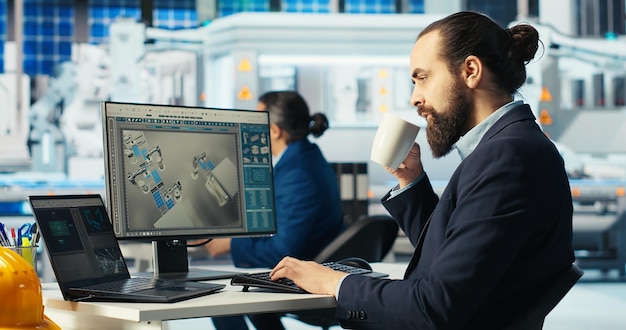 photovoltaics factory worker monitors system performance drinking coffee