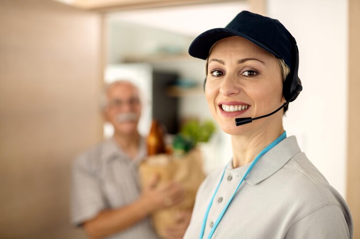 Ücretsiz Fotoğraf portrait of happy delivery woman looking at camera