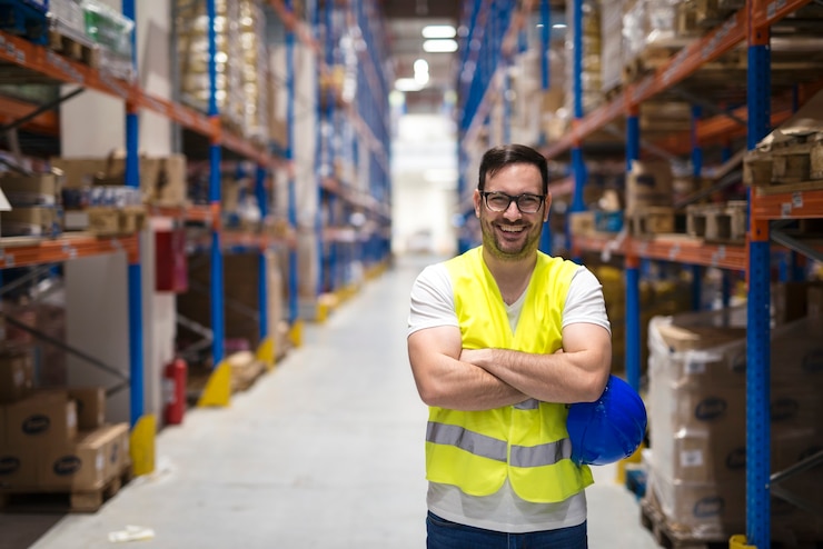 Ücretsiz Fotoğraf portrait of middle aged warehouse worker standing in large warehouse distribution center with arms crossed