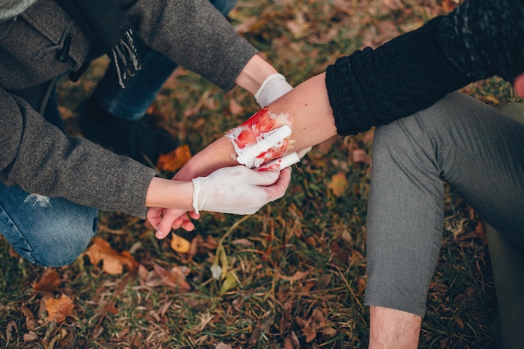 Ücretsiz Fotoğraf providing first aid in the park. man bandaged  injured arm. guy helps a friend.