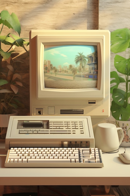 Retro görünümlü bir bilgisayar iş istasyonu görünümü