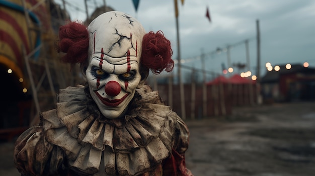 View of creepy clown at the amusement park