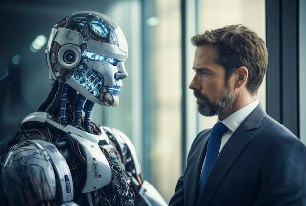 view of robot next to human businessperson