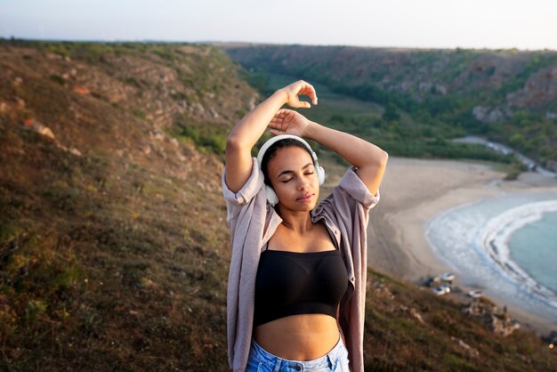 woman wearing headphones front view