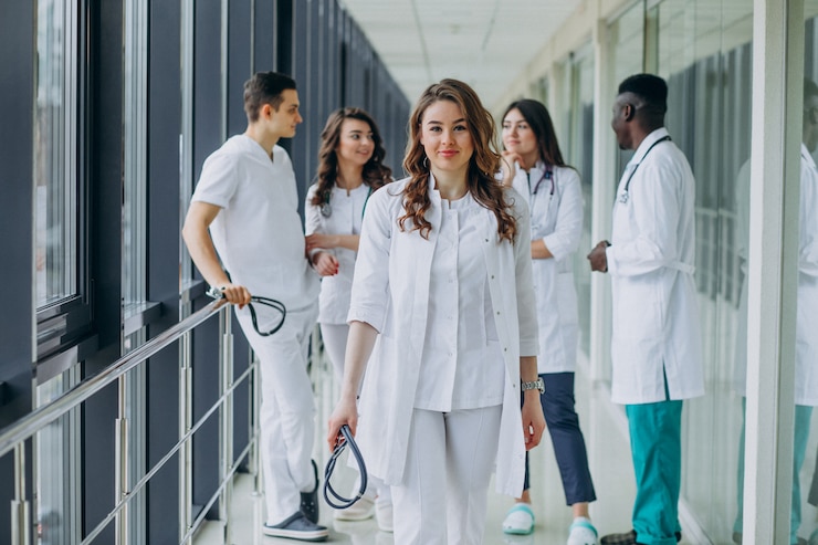 Ücretsiz Fotoğraf young female doctor posing in the corridor of the hospital