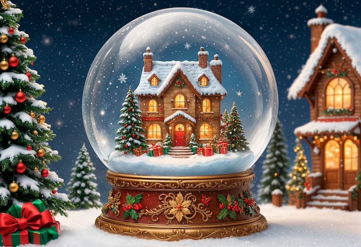Ücretsiz Fotoğraf zencefilli ev illüstrasyonlu noel kar küresi