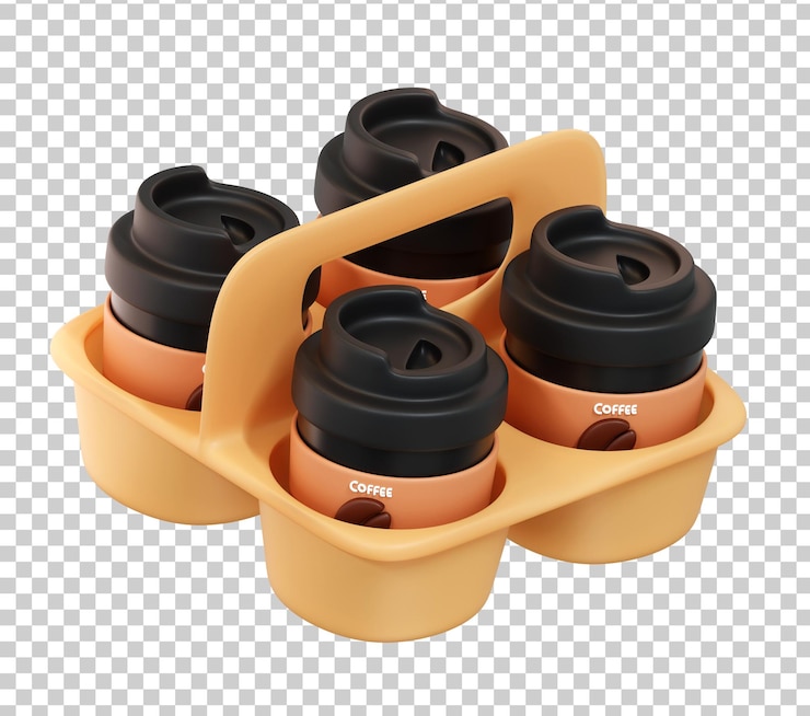Ücretsiz PSD 4 coffee cups in carrier 3d illustration transparent background
