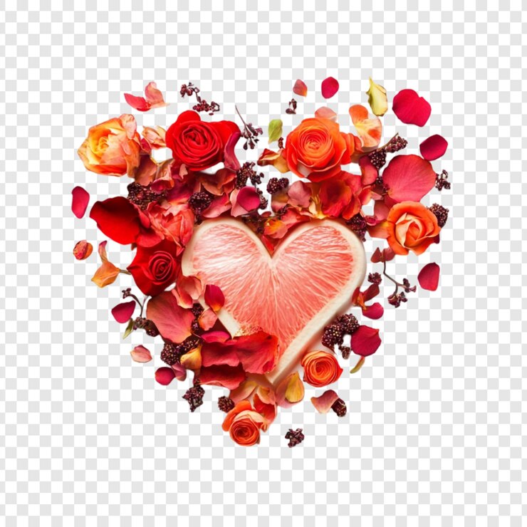 Ücretsiz PSD a heart of grapefruit and roses a romantic valentines day composition