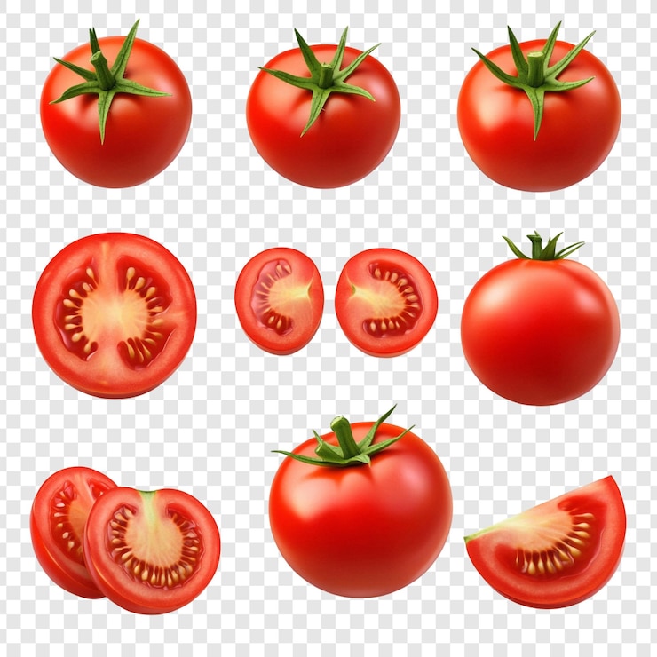 Ücretsiz PSD collection of red tomatoes whole halved and sliced