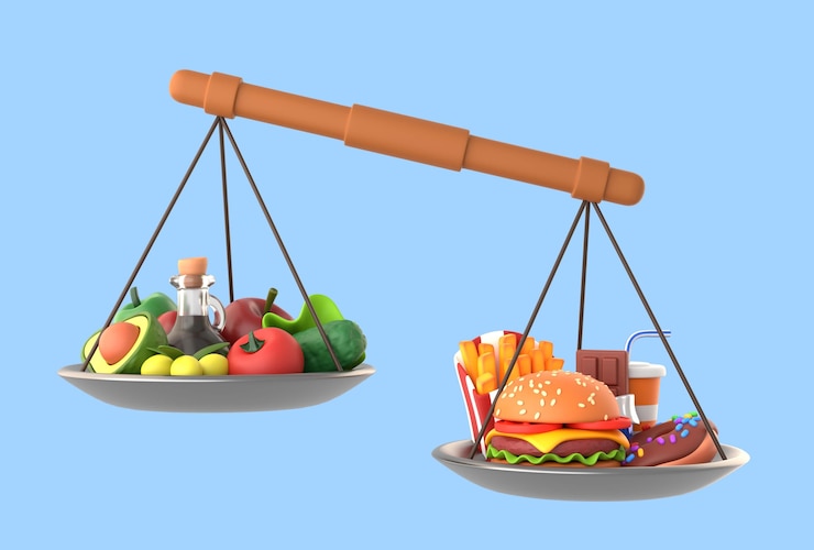 Ücretsiz PSD delicious healthy and fast food on balance