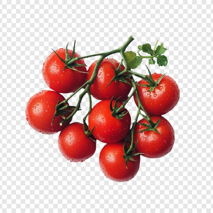 Ücretsiz PSD juicy vineripened tomatoes a delightful cluster of red tomatoes still on the vine glistening with freshness