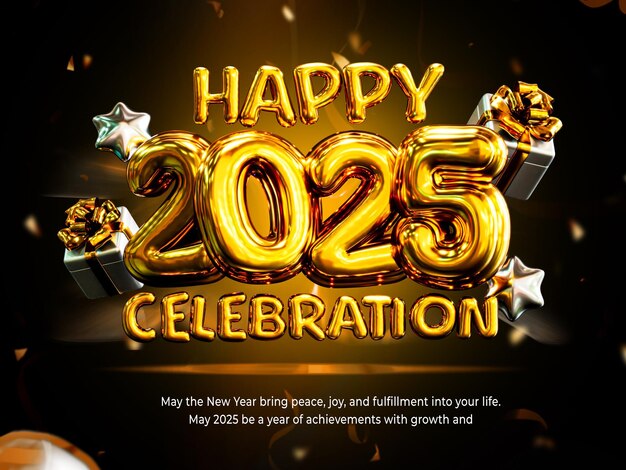 Mutlu Yeni Yıl 2025 Folyo Balon 3D Render Şablonu