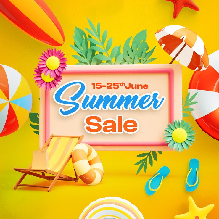Ücretsiz PSD summer sale social media post template with colorful beach elements