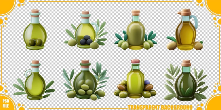 Ücretsiz PSD variety of olive oil bottles and ingredients illustration