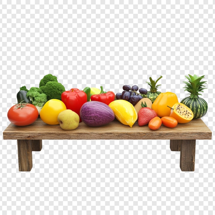 Ücretsiz PSD vibrant fresh fruits and vegetables arranged on a rustic wooden table healthy eating delight