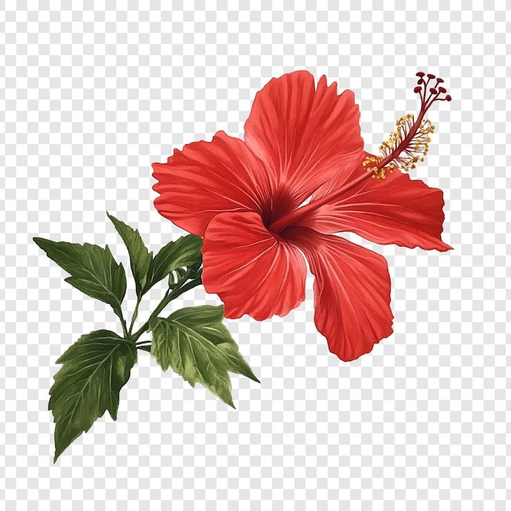 Ücretsiz PSD vibrant red hibiscus flower with lush green leaves