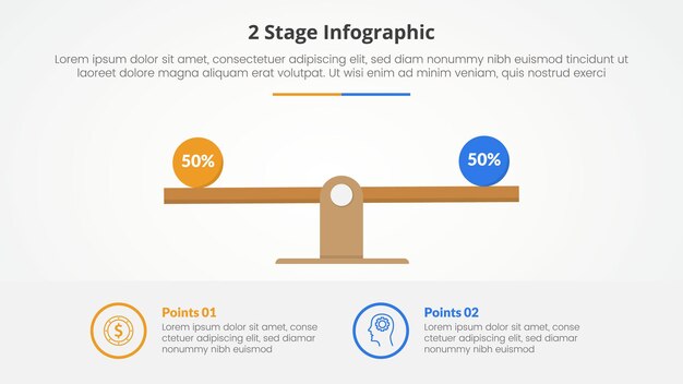 2 points stage template for comparison opposite infographic concept for slide presentation with wooden scale percentage with flat style