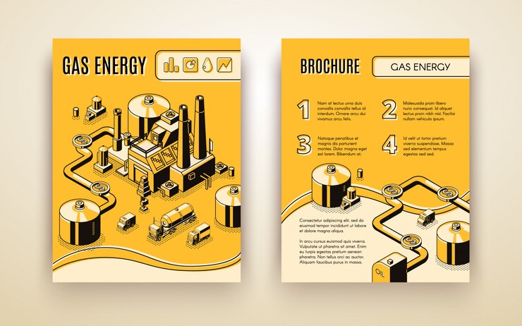 Ücretsiz Vektör 3 boyutlu izometrik gaz enerjisi santrali olan vektörel broşür şablonu