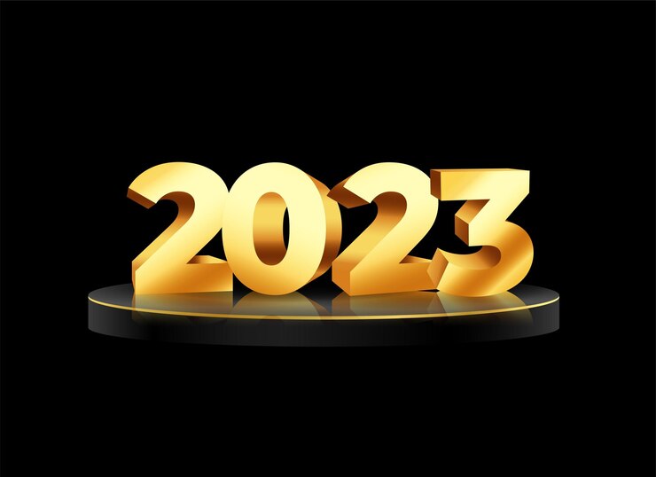 Ücretsiz Vektör 3d golden 2023 text on podium platform for new year festival