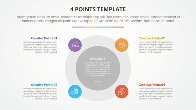 4 points stage list template infographic concept for slide presentation with circle center and small badge side with flat style