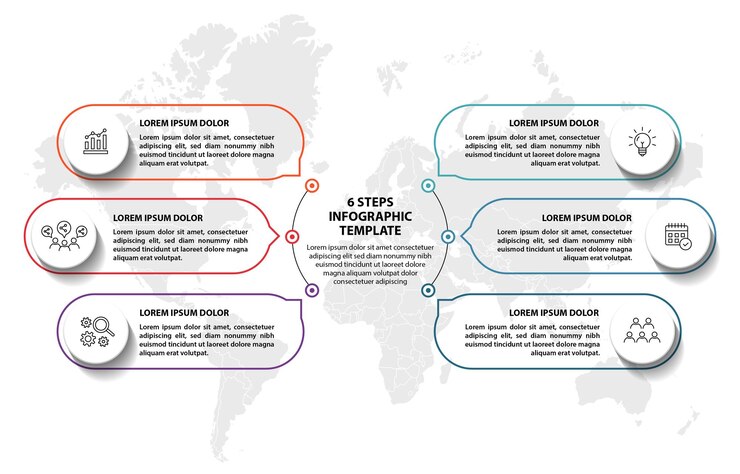 Ücretsiz Vektör 6 adımlı infografik akış şeması tasarım şablonu