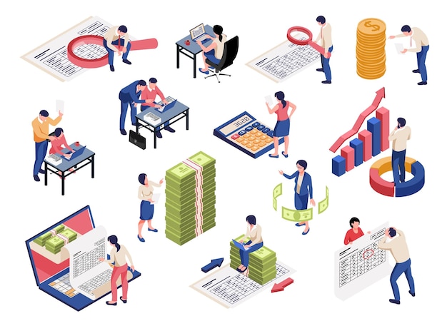 accounting process isometric set with financial documents analyzing reporting tax collection control magnifier banknotes symbols vector illustration