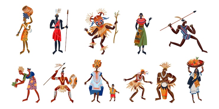 Ücretsiz Vektör african tribal people set men and women girls with children food guys with spears music instruments