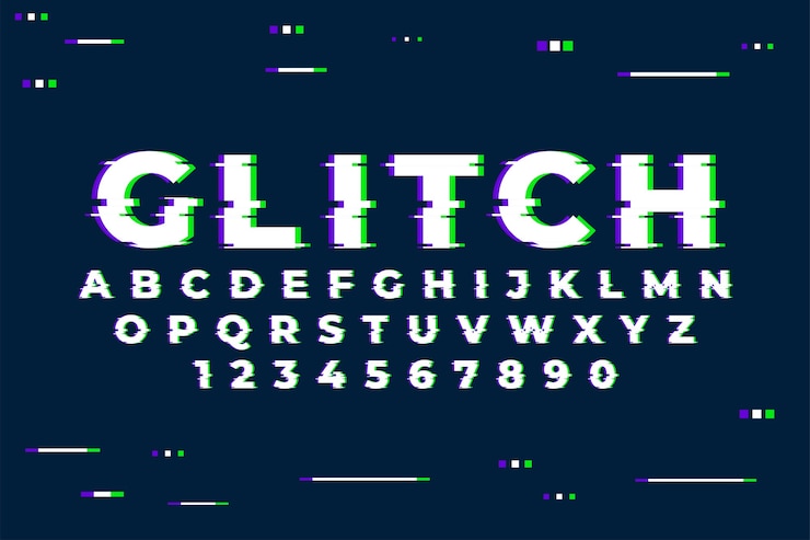 Ücretsiz Vektör alphabet with numbers and trendy glitch effect
