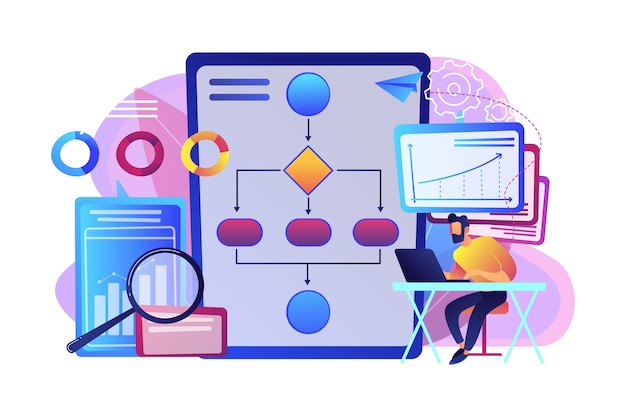 Analyst working at laptop with automation process. Business process automation, business process workflow, automated business system concept.  