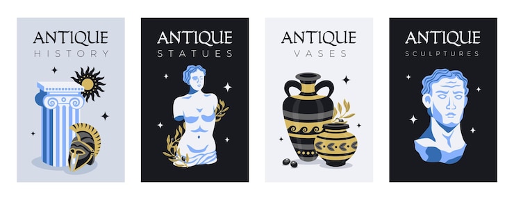 Ücretsiz Vektör antique statues set of four vertical posters with pieces of ancient monuments sculptures with editable text illustration