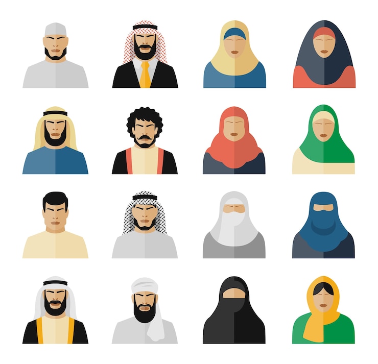 Ücretsiz Vektör arab people icons. muslim people, arabian people, islam people woman and man. vector illustration set