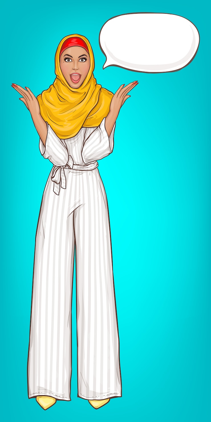Ücretsiz Vektör arabic woman dressed in hijab and striped jumpsuit shocked cartoon illustration