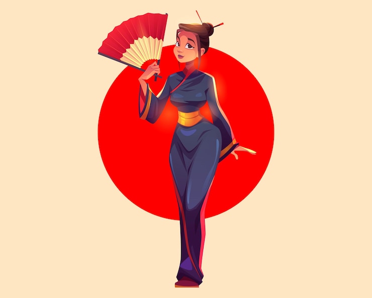 Ücretsiz Vektör asian woman in traditional kimono with fan in hand