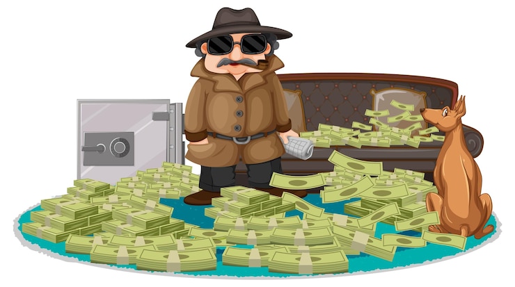 Ücretsiz Vektör banknot yığını olan bir soyguncu çizgi film karakteri