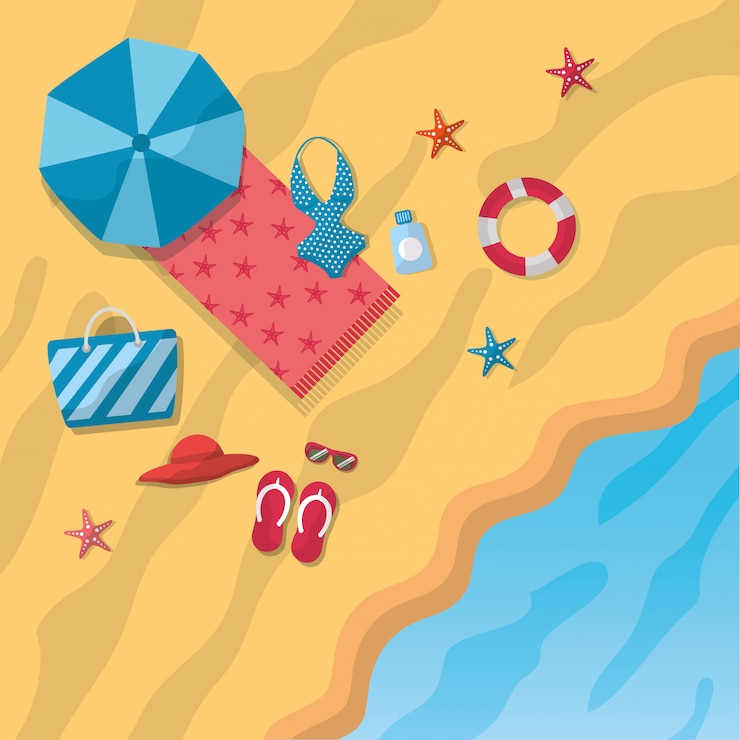 Ücretsiz Vektör beach umbrella bikini sandals hat bag towel starfish beach sea top view