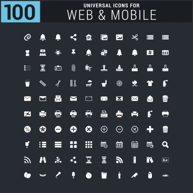 Ücretsiz Vektör beyaz 100 evrensel web i̇kon seti