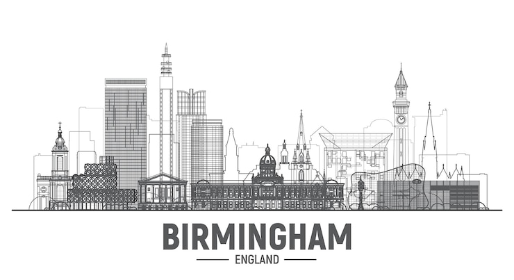 Ücretsiz Vektör beyaz arka planda birmingham i̇ngiltere hat şehir silüeti vektörü. kontur vektör çizimi. modern binalara sahip iş seyahati ve turizm konsepti. banner veya web sitesi için görsel