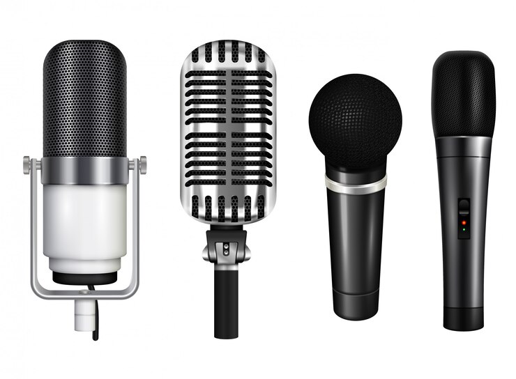 Ücretsiz Vektör beyaz arka planda gerçekçi tarzda izole edilmiş karaoke ve konser için profesyonel mikrofon koleksiyonu çizimi